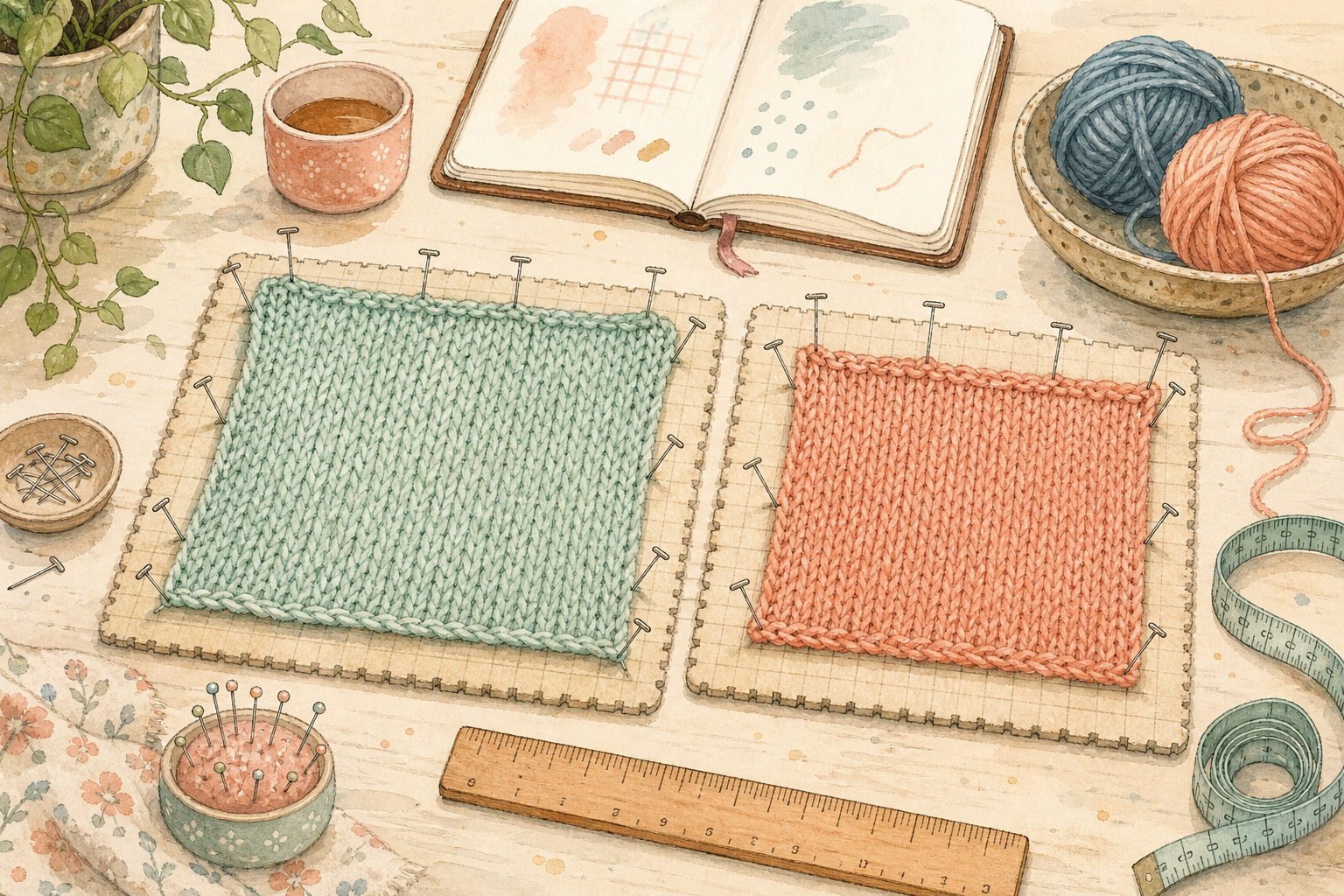 Watercolor illustration of two blocked knitting swatches beside a ruler and notebook with simple gauge notes.