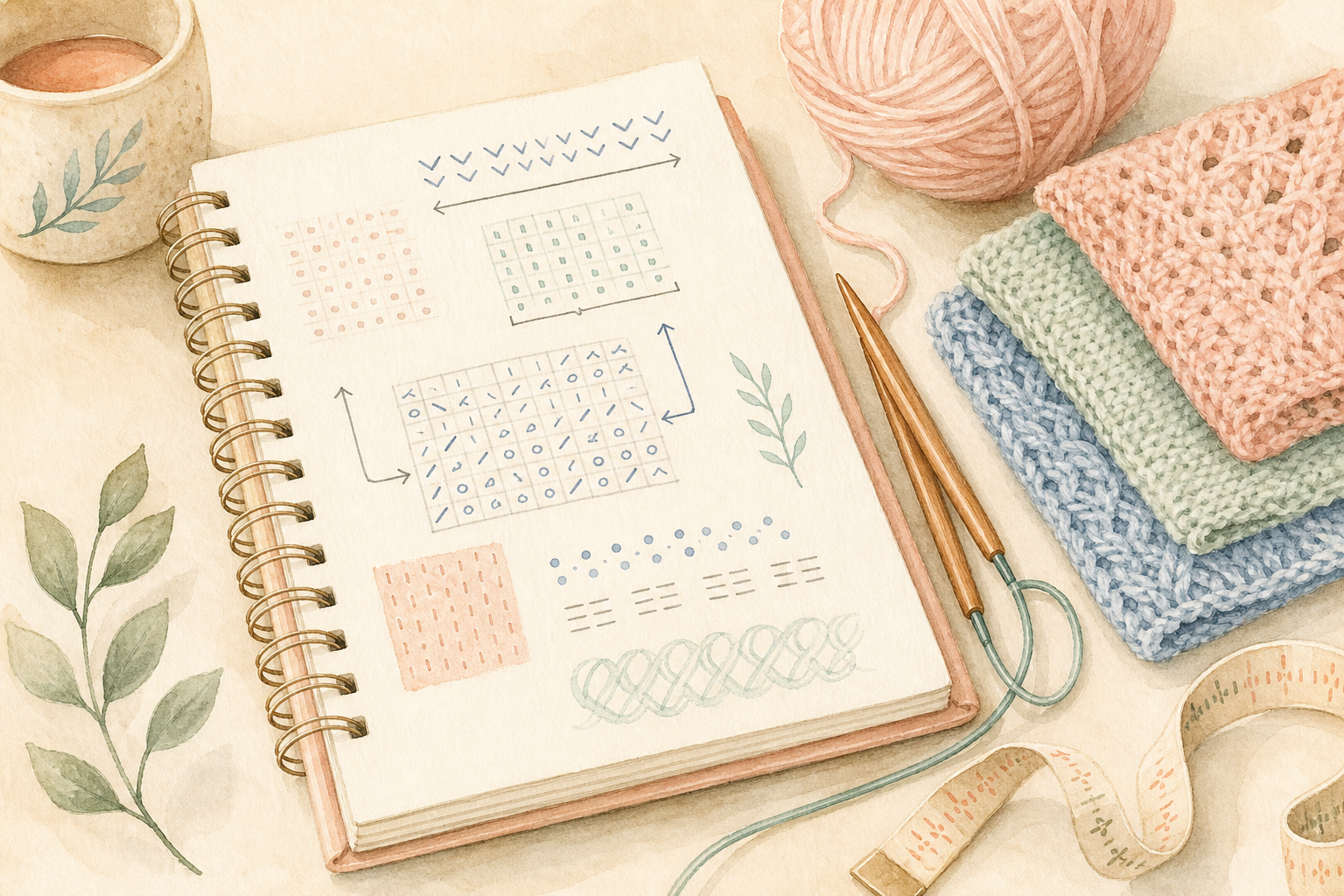 Watercolor illustration of a project notebook with stitch-count arrows, knitting needles, measuring tape, and folded swatches in blush and mint tones.