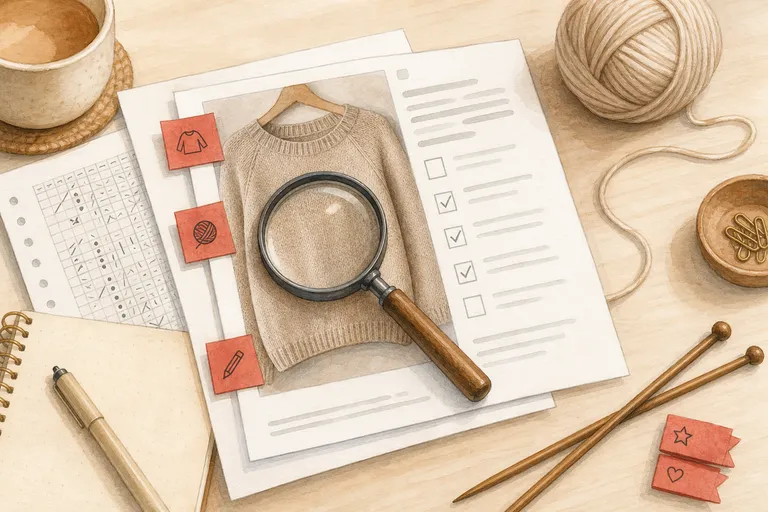 A knitting pattern review desk with a magnifying glass over a sweater photo, checklist boxes, yarn, needles, and red flag notes.