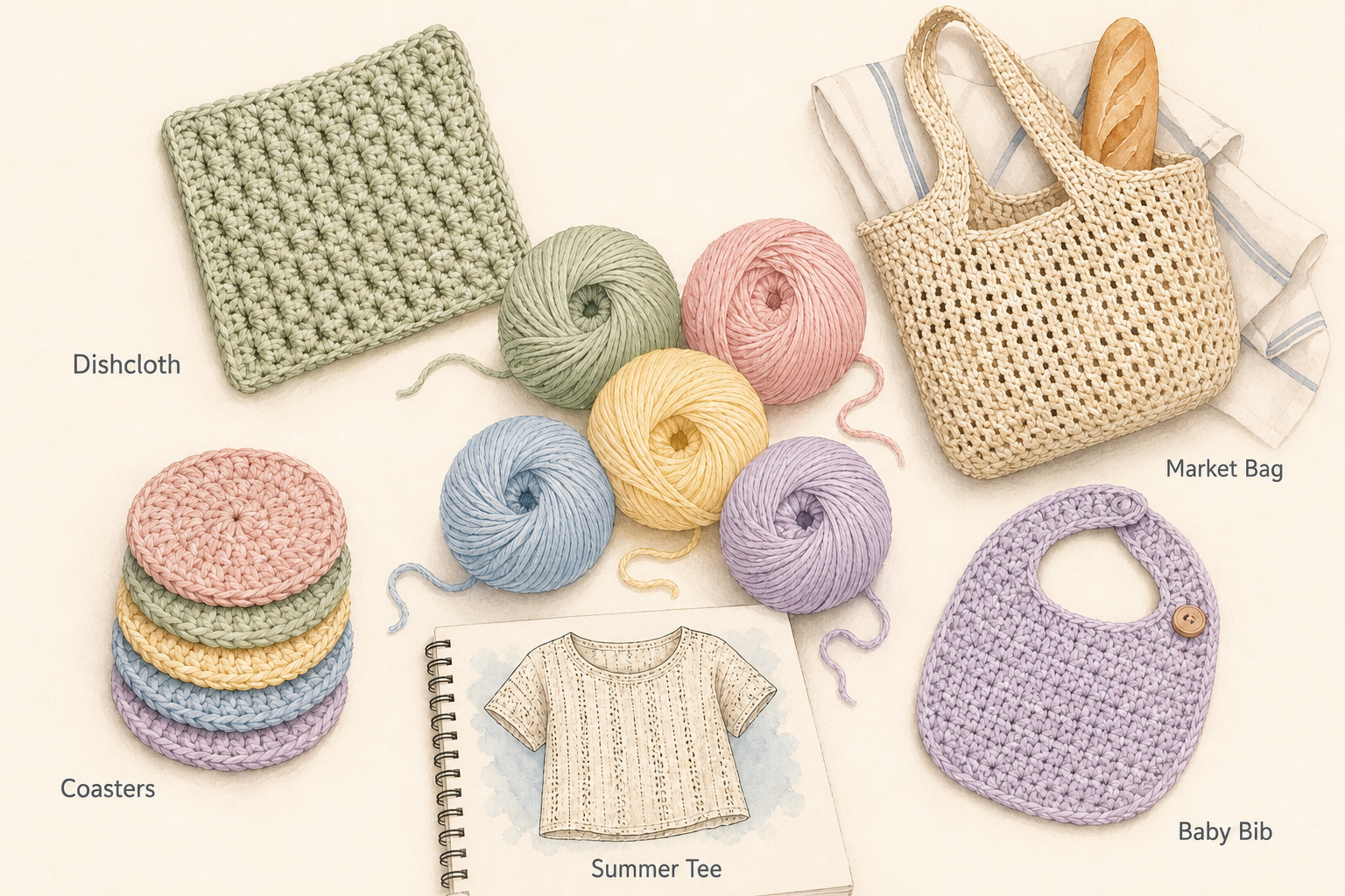 A watercolor layout of DK cotton yarn project ideas, including a dishcloth, market bag, coaster stack, summer tee sketch, and baby bib.