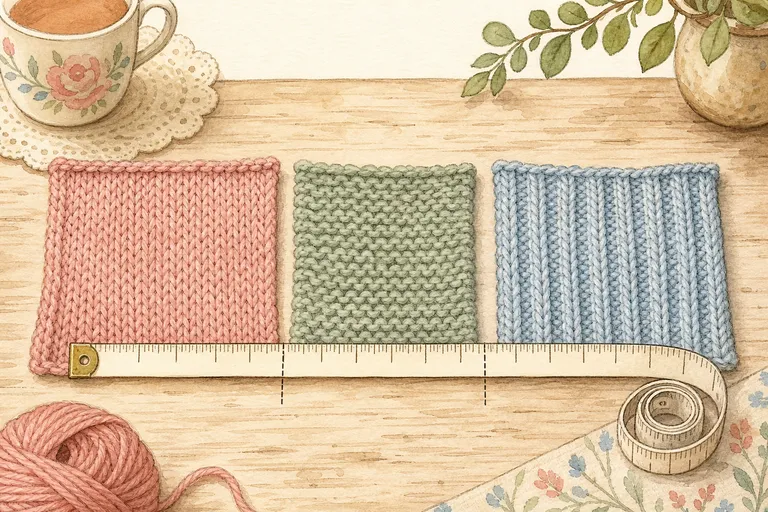 Three watercolor gauge swatches side by side with a ruler, showing different stitch textures and different measurements.