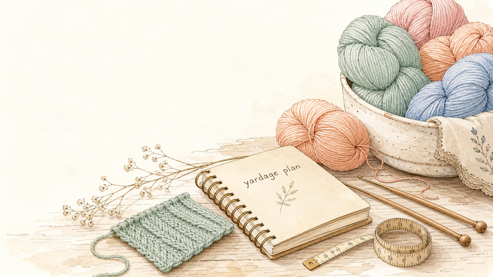 A cozy watercolor craft table with pastel yarn skeins, a notebook, knitting needles, a crochet hook, and a measuring tape for planning project yardage.