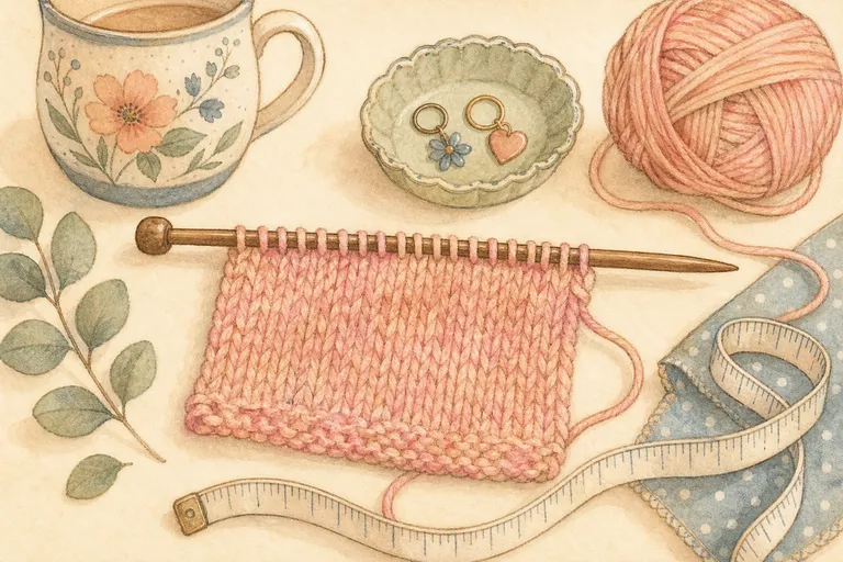 Cozy watercolor maker table with a half-finished gauge swatch, yarn, measuring tape, and single-point knitting needles with visible end caps.