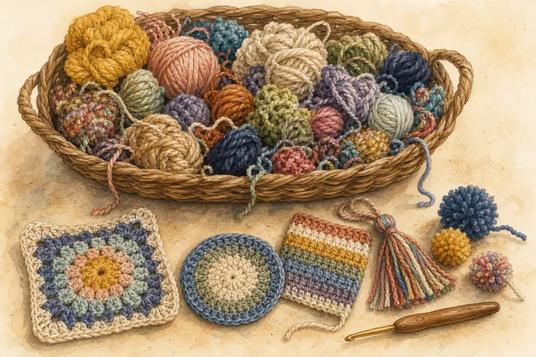 A messy basket of leftover yarn scraps above small stash-buster projects like a granny square, coaster, tassel, pom-poms, and striped swatch.
