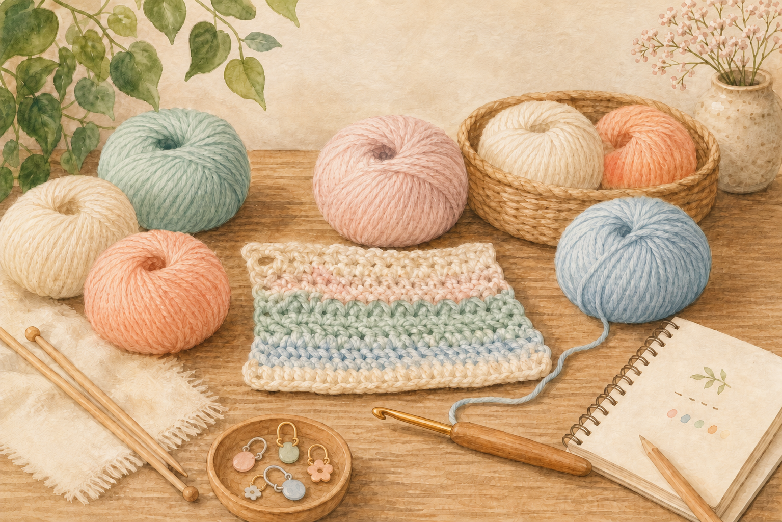 A cozy watercolor craft table with pastel cotton DK yarn balls, a crochet hook, knitting needles, measuring tape, and a small swatch showing stitch definition.