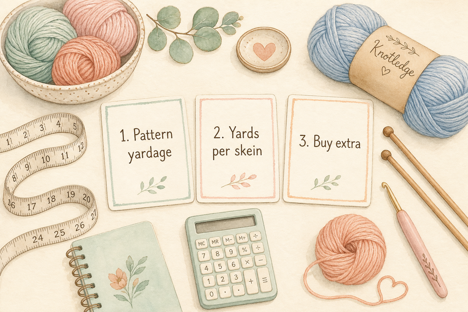 A watercolor yarn planning desk with cards for pattern yardage, yards per skein, and buying extra, plus a calculator and yarn tools.